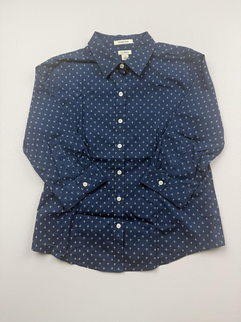 L.L. Bean Shirt Womens S Petite Blue Collared 3/4 Sleeve Anchor Print Top